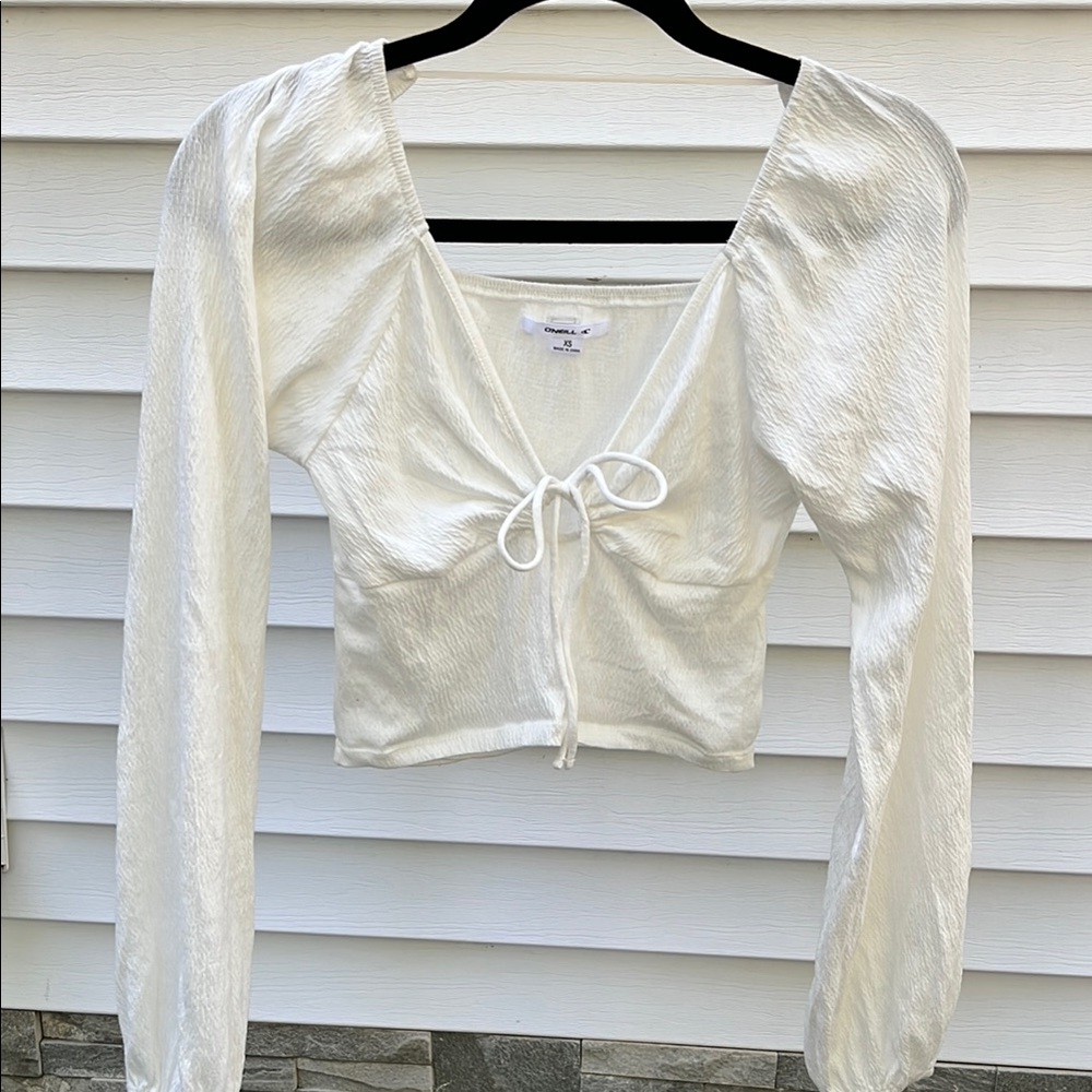 O'Neill white Tie Front Puff Sleeve Crop Top